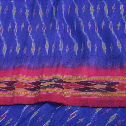 Sanskriti Vintage Sarees Blue Ikat Handwoven Pochampally Pure Silk Sari Fabric