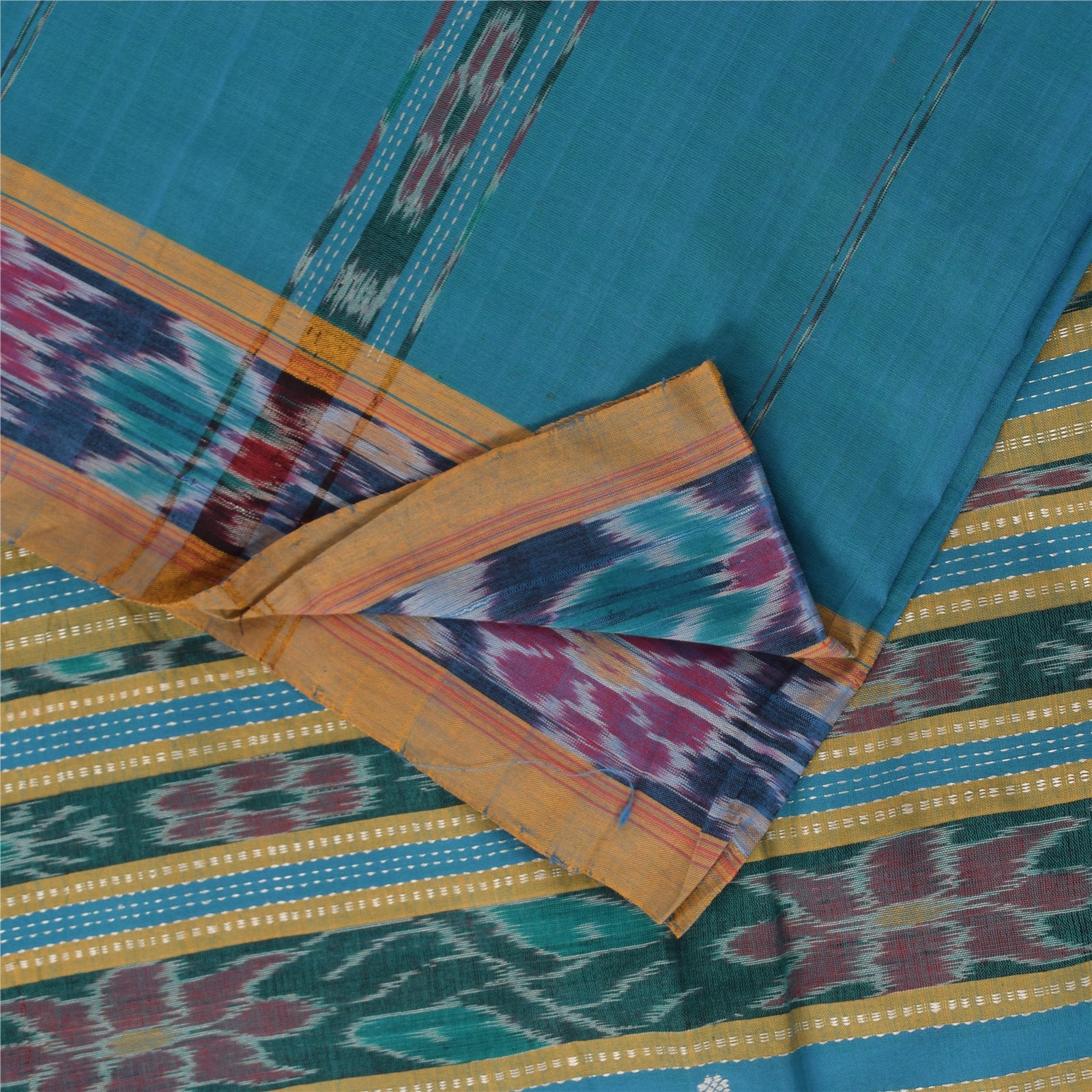 Sanskriti Vintage Sarees Blue Ikat Handwoven Odisha Pure Cotton Sari 5+yd Fabric