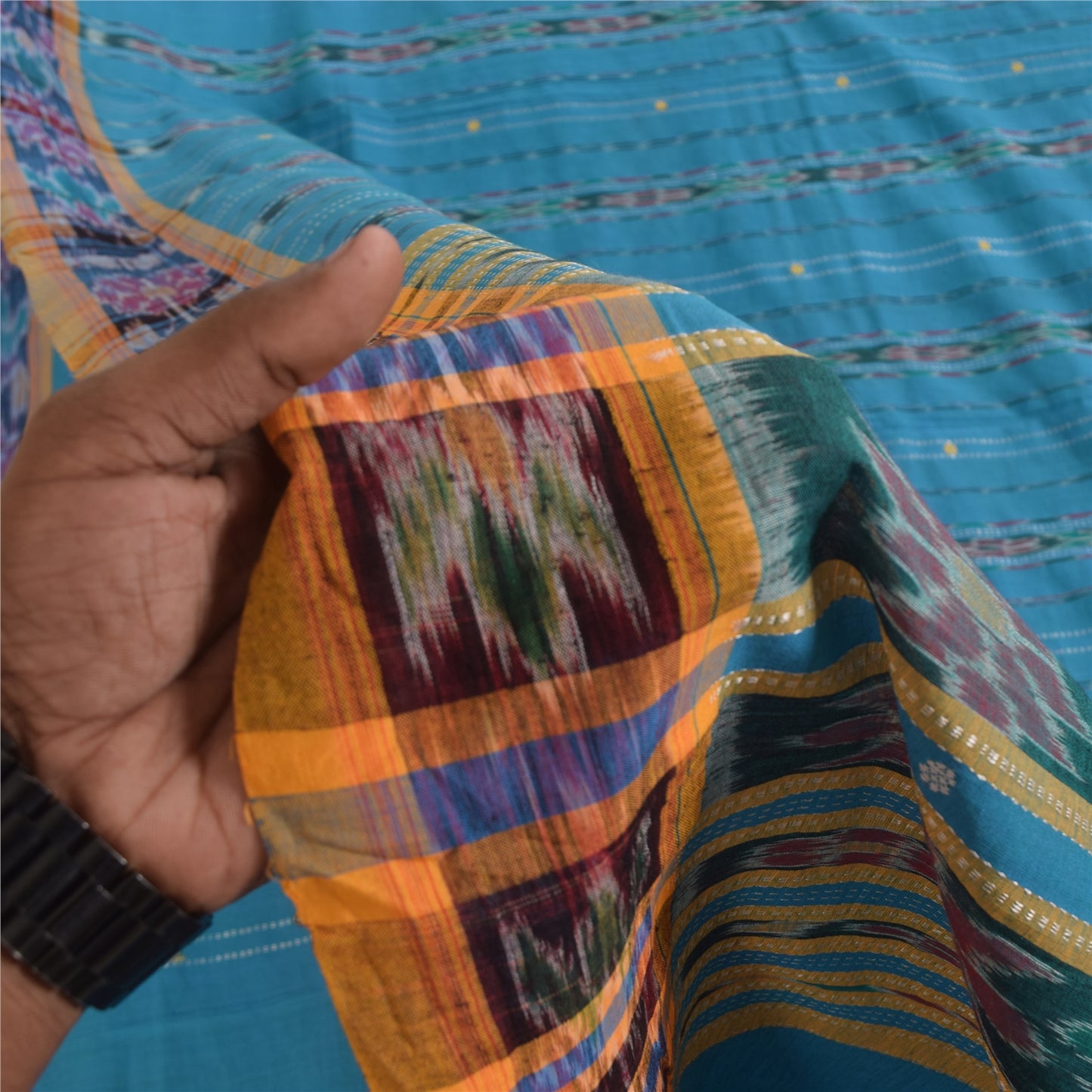 Sanskriti Vintage Sarees Blue Ikat Handwoven Odisha Pure Cotton Sari 5+yd Fabric