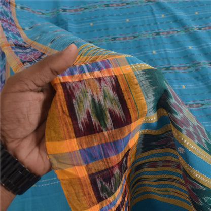 Sanskriti Vintage Sarees Blue Ikat Handwoven Odisha Pure Cotton Sari 5+yd Fabric
