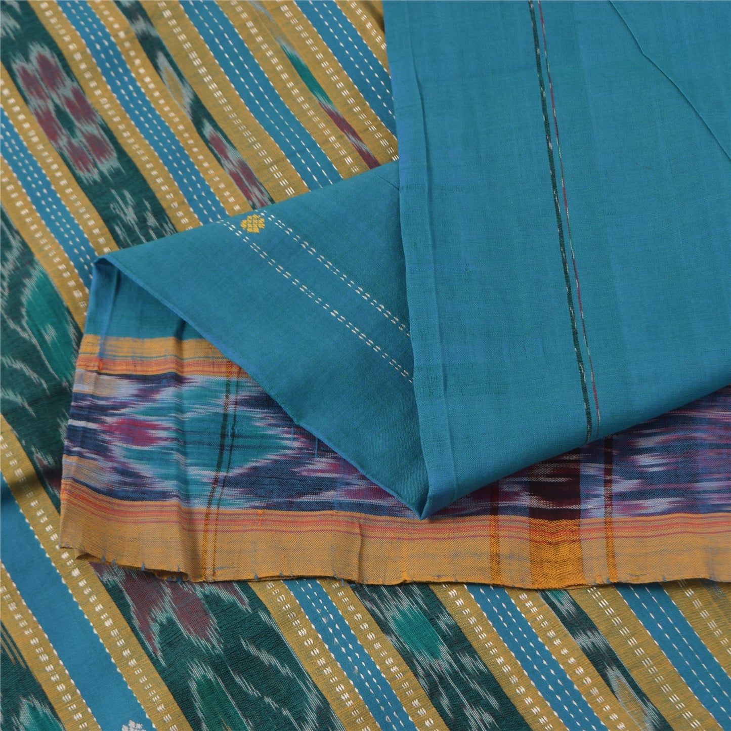 Sanskriti Vintage Sarees Blue Ikat Handwoven Odisha Pure Cotton Sari 5+yd Fabric