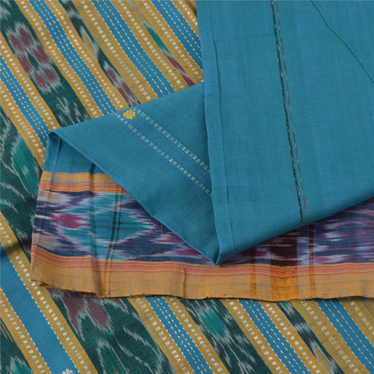 Sanskriti Vintage Sarees Blue Ikat Handwoven Odisha Pure Cotton Sari 5+yd Fabric