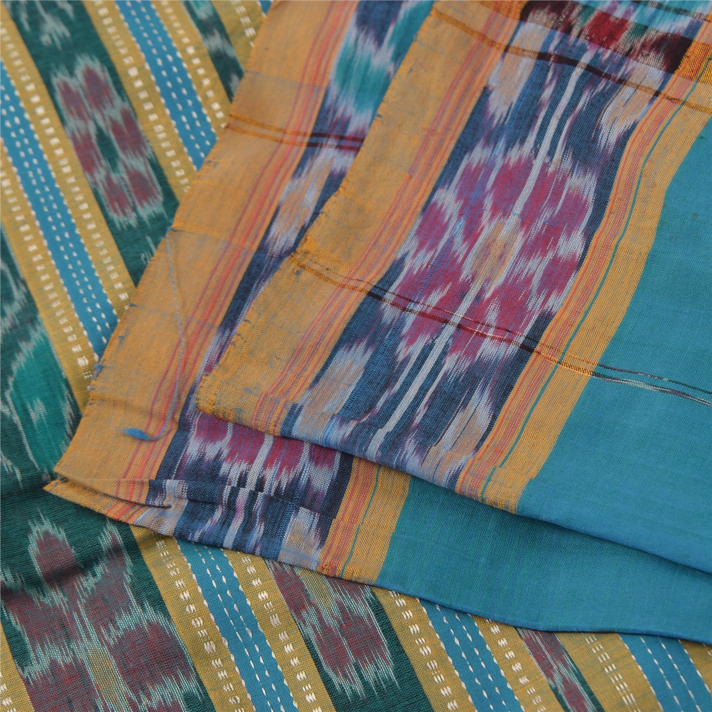 Sanskriti Vintage Sarees Blue Ikat Handwoven Odisha Pure Cotton Sari 5+yd Fabric
