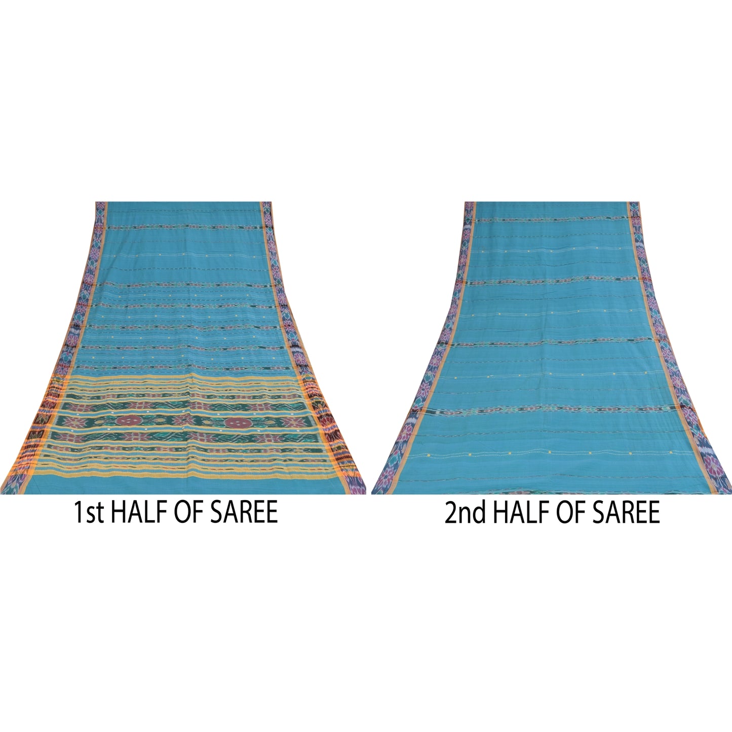 Sanskriti Vintage Sarees Blue Ikat Handwoven Odisha Pure Cotton Sari 5+yd Fabric