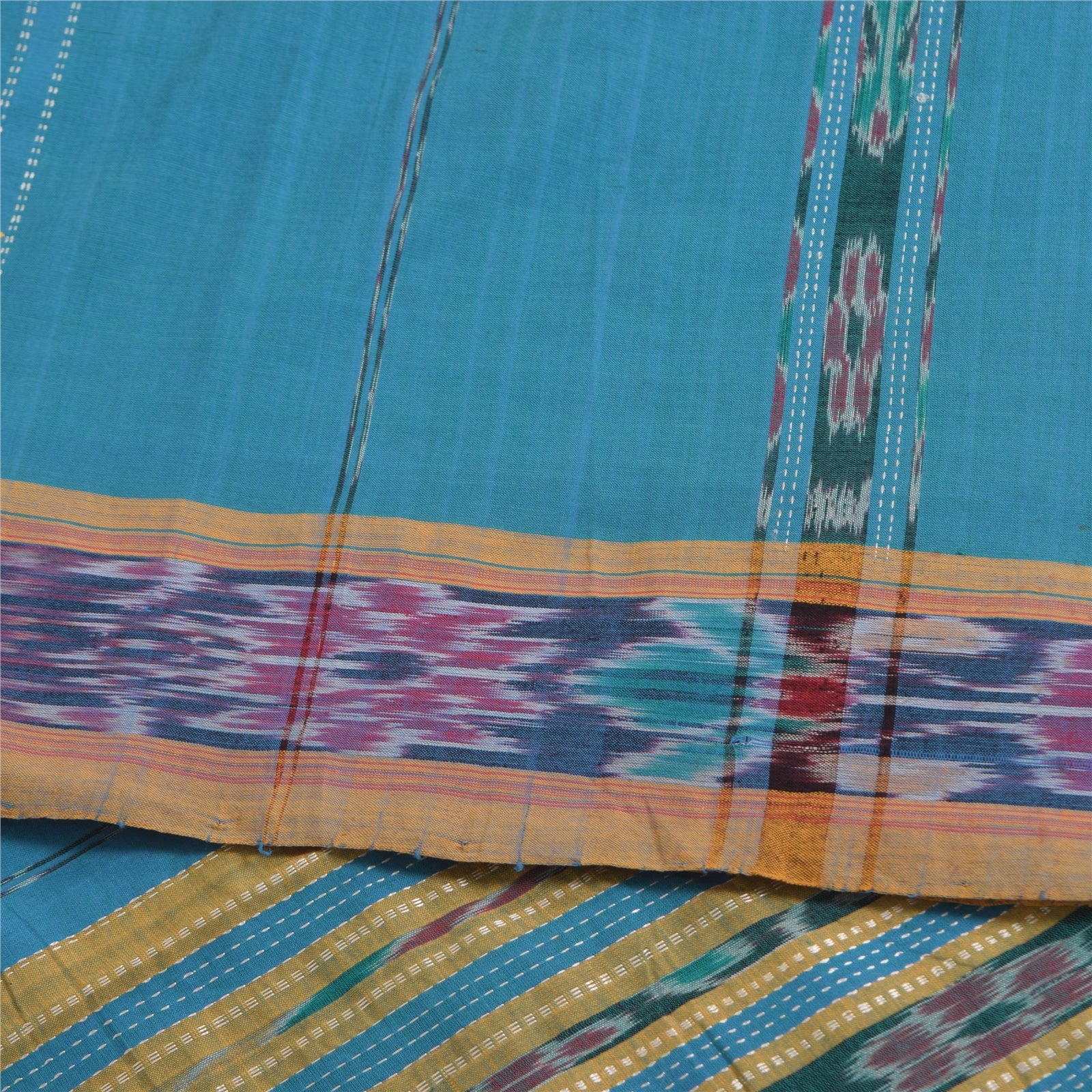 Sanskriti Vintage Sarees Blue Ikat Handwoven Odisha Pure Cotton Sari 5+yd Fabric