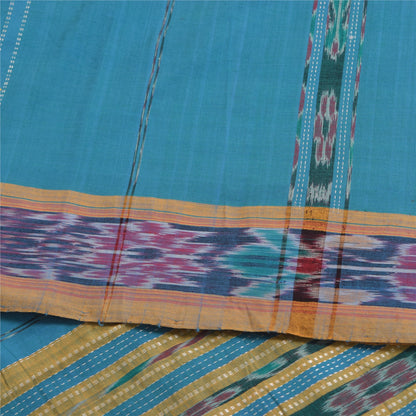 Sanskriti Vintage Sarees Blue Ikat Handwoven Odisha Pure Cotton Sari 5+yd Fabric