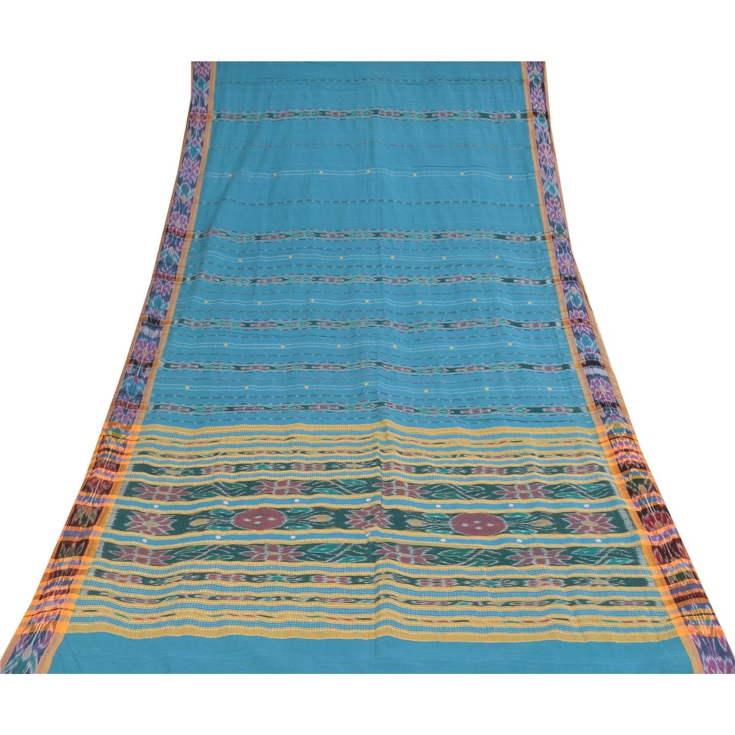 Sanskriti Vintage Sarees Blue Ikat Handwoven Odisha Pure Cotton Sari 5+yd Fabric