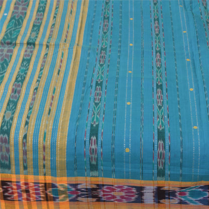 Sanskriti Vintage Sarees Blue Ikat Handwoven Odisha Pure Cotton Sari 5+yd Fabric