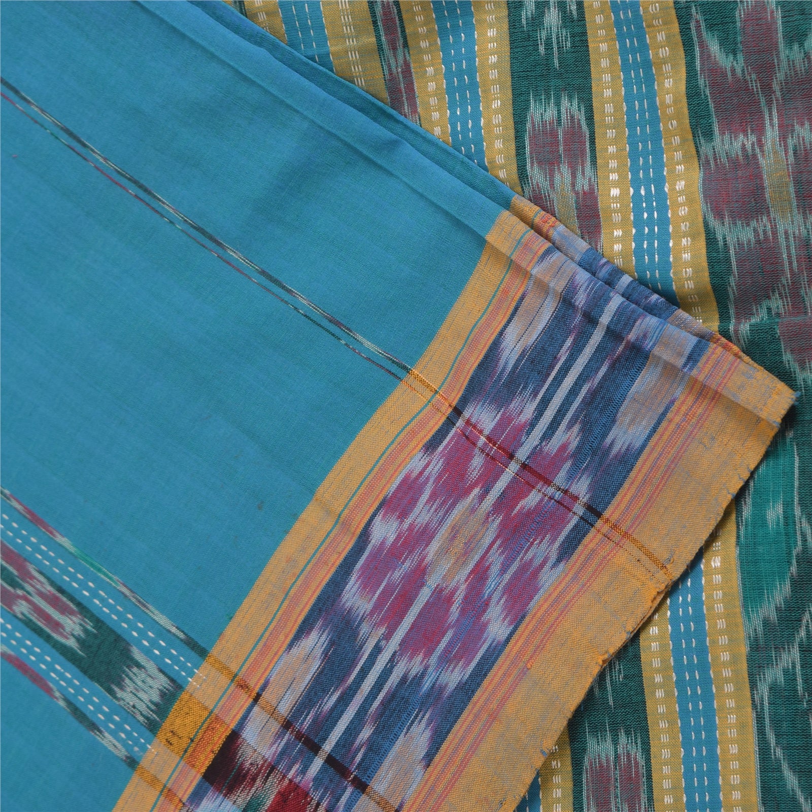 Sanskriti Vintage Sarees Blue Ikat Handwoven Odisha Pure Cotton Sari 5+yd Fabric