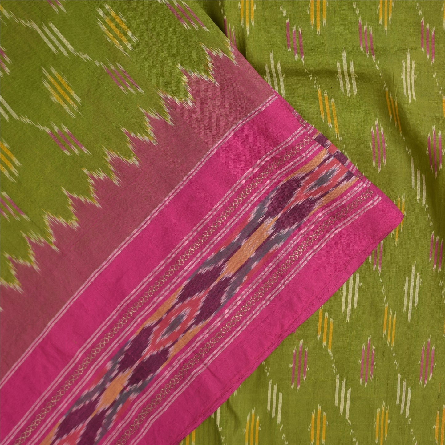 Sanskriti Vintage Sarees Green Ikat Handwoven Pochampally Pure Silk Sari Fabric