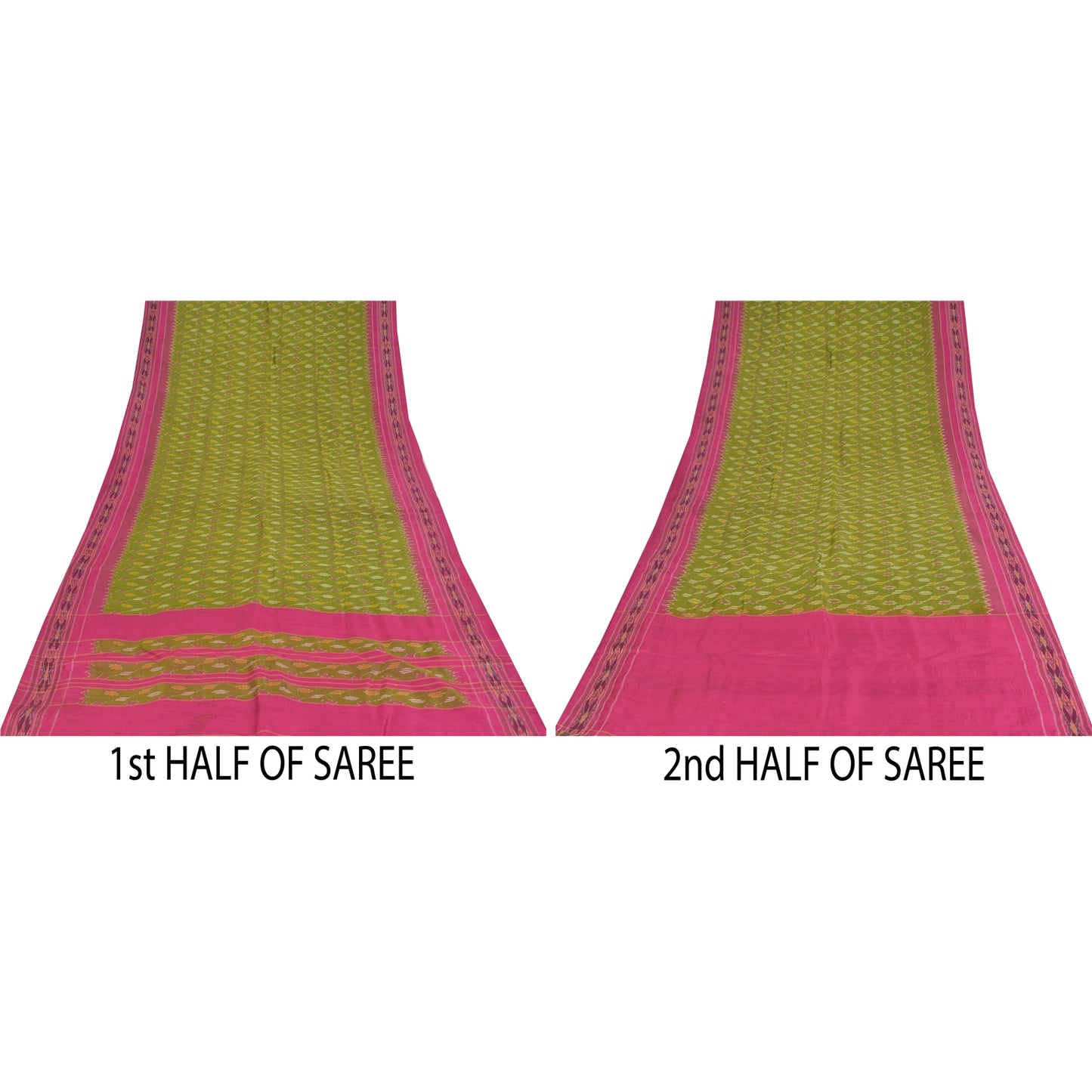 Sanskriti Vintage Sarees Green Ikat Handwoven Pochampally Pure Silk Sari Fabric