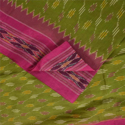 Sanskriti Vintage Sarees Green Ikat Handwoven Pochampally Pure Silk Sari Fabric