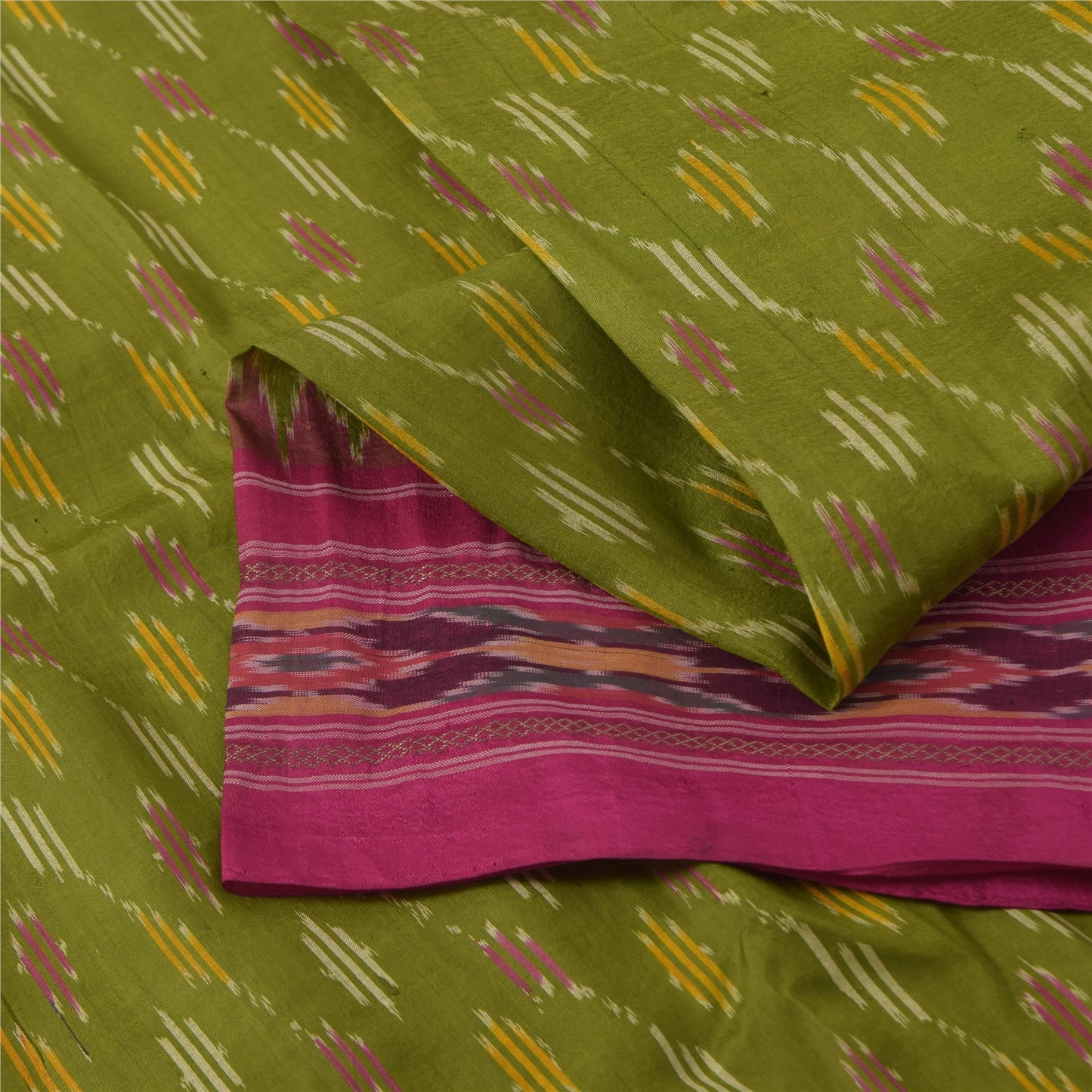 Sanskriti Vintage Sarees Green Ikat Handwoven Pochampally Pure Silk Sari Fabric