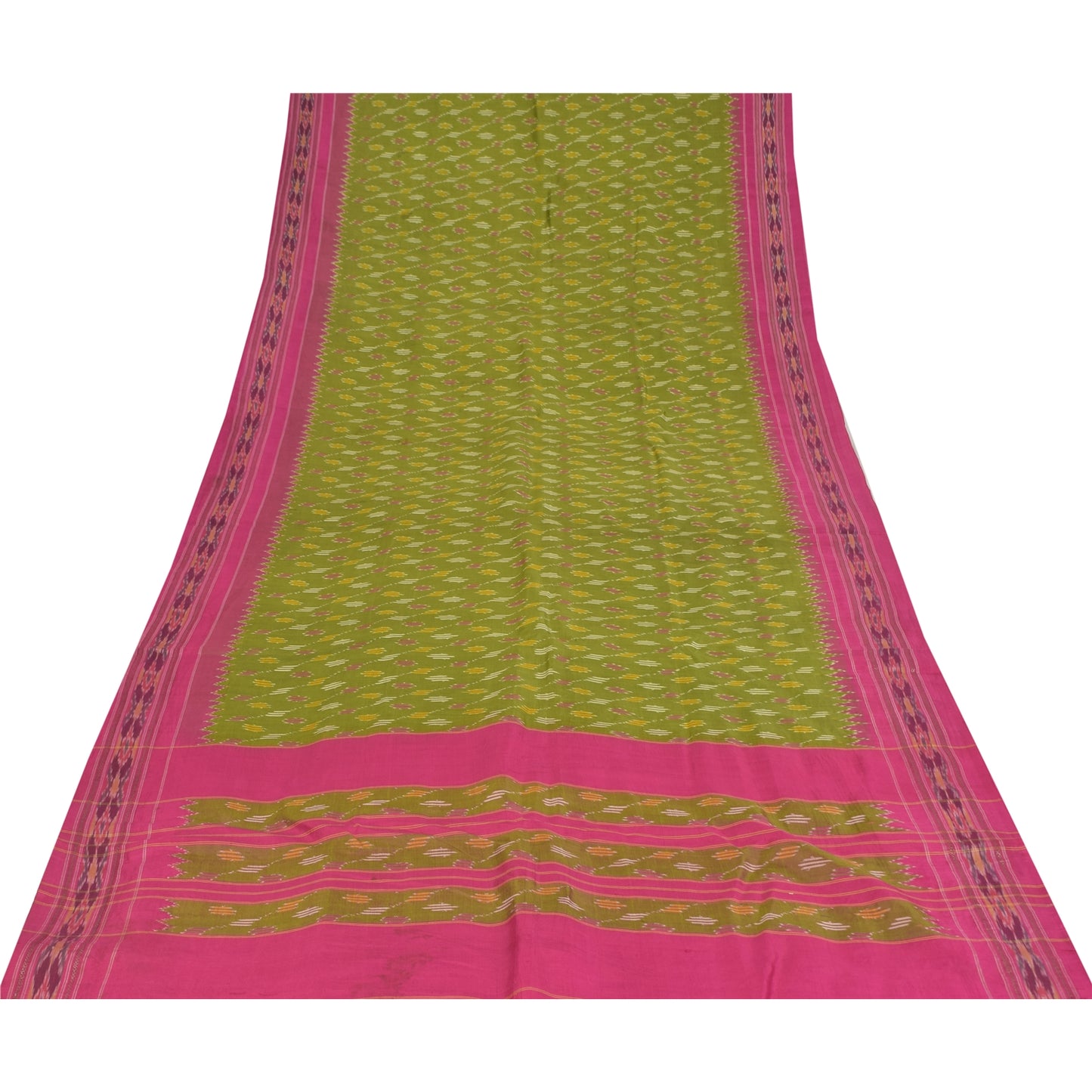 Sanskriti Vintage Sarees Green Ikat Handwoven Pochampally Pure Silk Sari Fabric