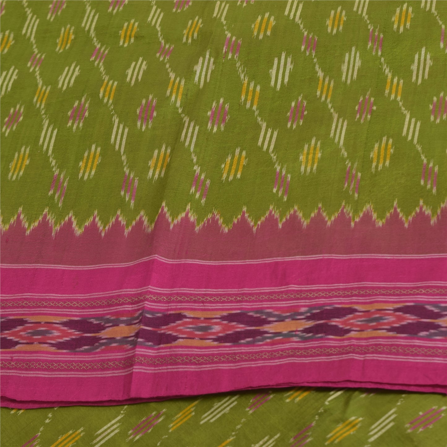 Sanskriti Vintage Sarees Green Ikat Handwoven Pochampally Pure Silk Sari Fabric