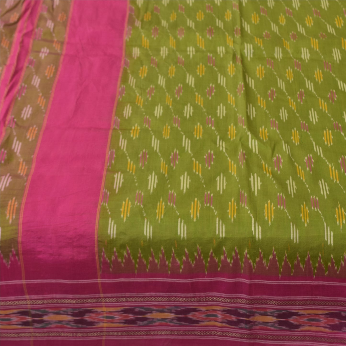 Sanskriti Vintage Sarees Green Ikat Handwoven Pochampally Pure Silk Sari Fabric
