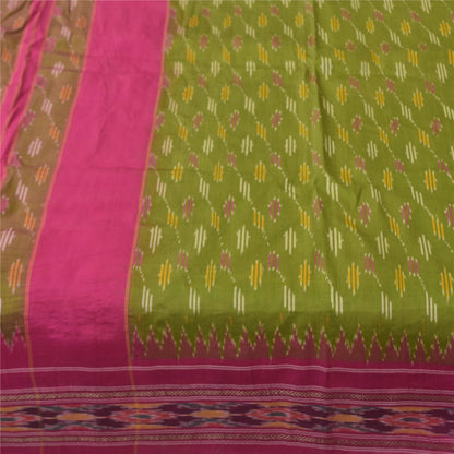 Sanskriti Vintage Sarees Green Ikat Handwoven Pochampally Pure Silk Sari Fabric