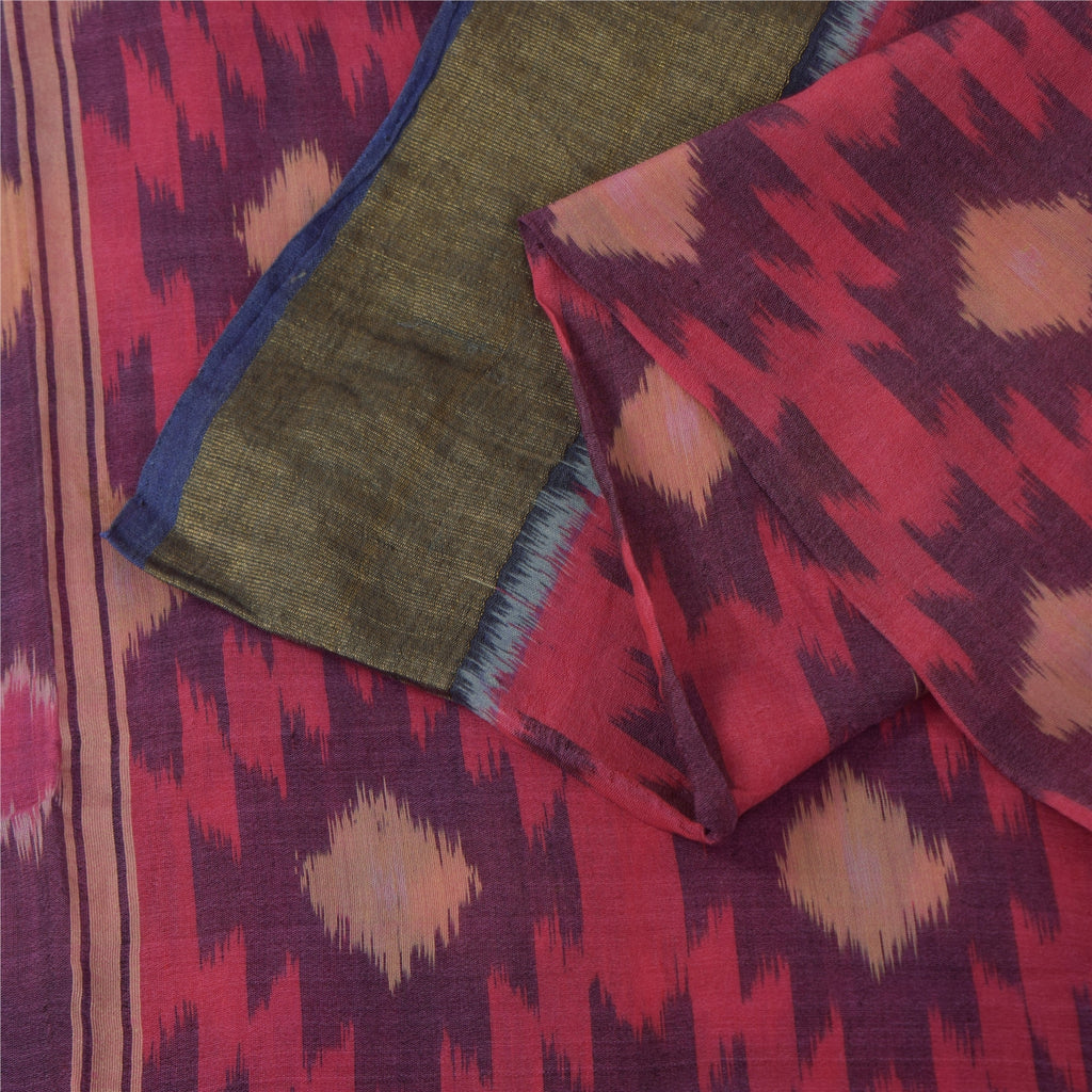 Sanskriti Vintage Sarees Red Ikat Handwoven Sambhalpuri Pure Silk Sari Fabric