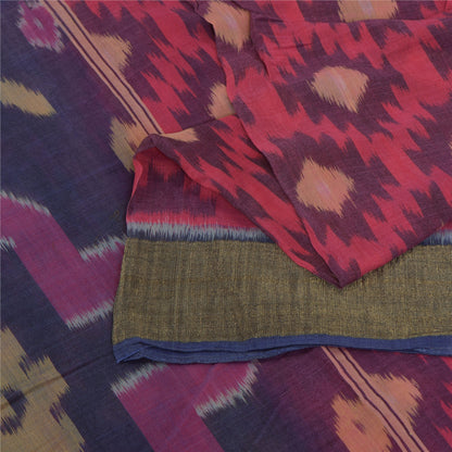 Sanskriti Vintage Sarees Red Ikat Handwoven Sambhalpuri Pure Silk Sari Fabric