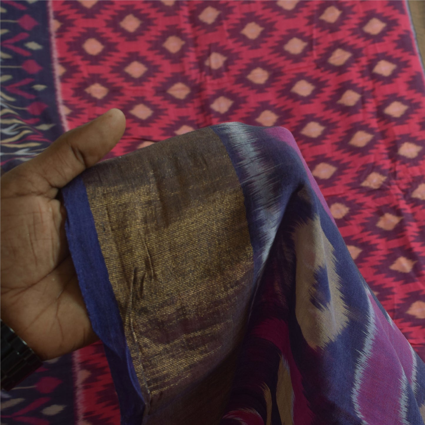 Sanskriti Vintage Sarees Red Ikat Handwoven Sambhalpuri Pure Silk Sari Fabric