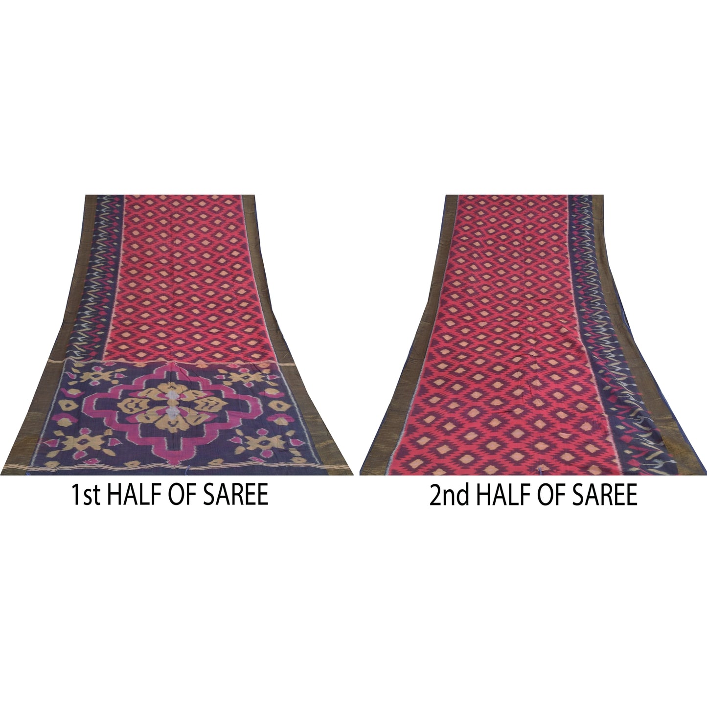 Sanskriti Vintage Sarees Red Ikat Handwoven Sambhalpuri Pure Silk Sari Fabric