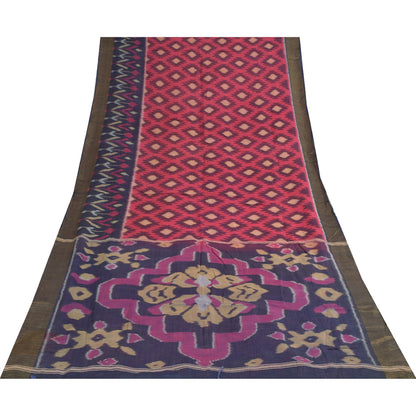 Sanskriti Vintage Sarees Red Ikat Handwoven Sambhalpuri Pure Silk Sari Fabric