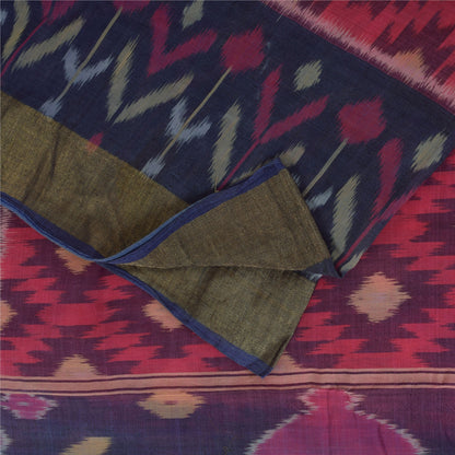 Sanskriti Vintage Sarees Red Ikat Handwoven Sambhalpuri Pure Silk Sari Fabric