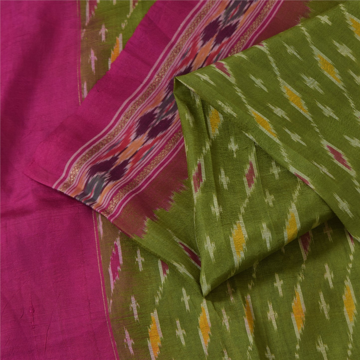 Sanskriti Vintage Sarees Green Ikat Handwoven Pochampally Pure Silk Sari Fabric