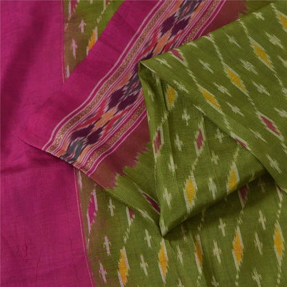 Sanskriti Vintage Sarees Green Ikat Handwoven Pochampally Pure Silk Sari Fabric