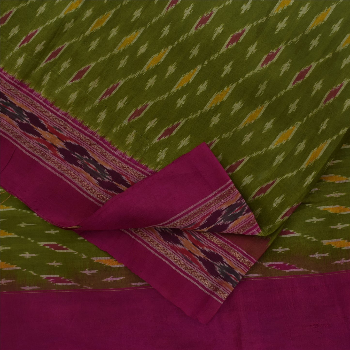 Sanskriti Vintage Sarees Green Ikat Handwoven Pochampally Pure Silk Sari Fabric