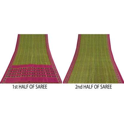 Sanskriti Vintage Sarees Green Ikat Handwoven Pochampally Pure Silk Sari Fabric