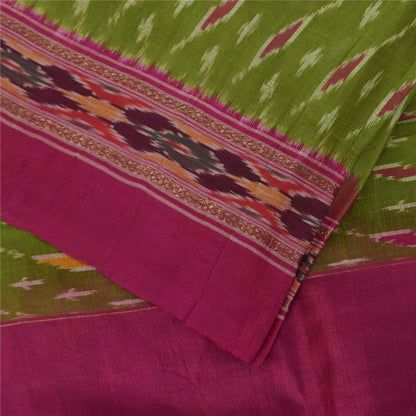 Sanskriti Vintage Sarees Green Ikat Handwoven Pochampally Pure Silk Sari Fabric