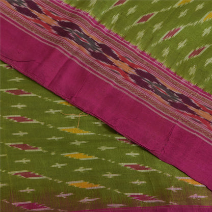 Sanskriti Vintage Sarees Green Ikat Handwoven Pochampally Pure Silk Sari Fabric