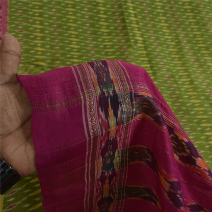 Sanskriti Vintage Sarees Green Ikat Handwoven Pochampally Pure Silk Sari Fabric