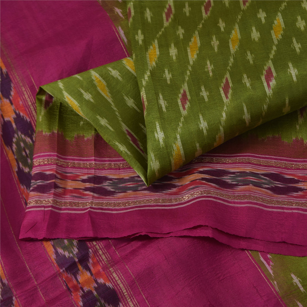 Sanskriti Vintage Sarees Green Ikat Handwoven Pochampally Pure Silk Sari Fabric