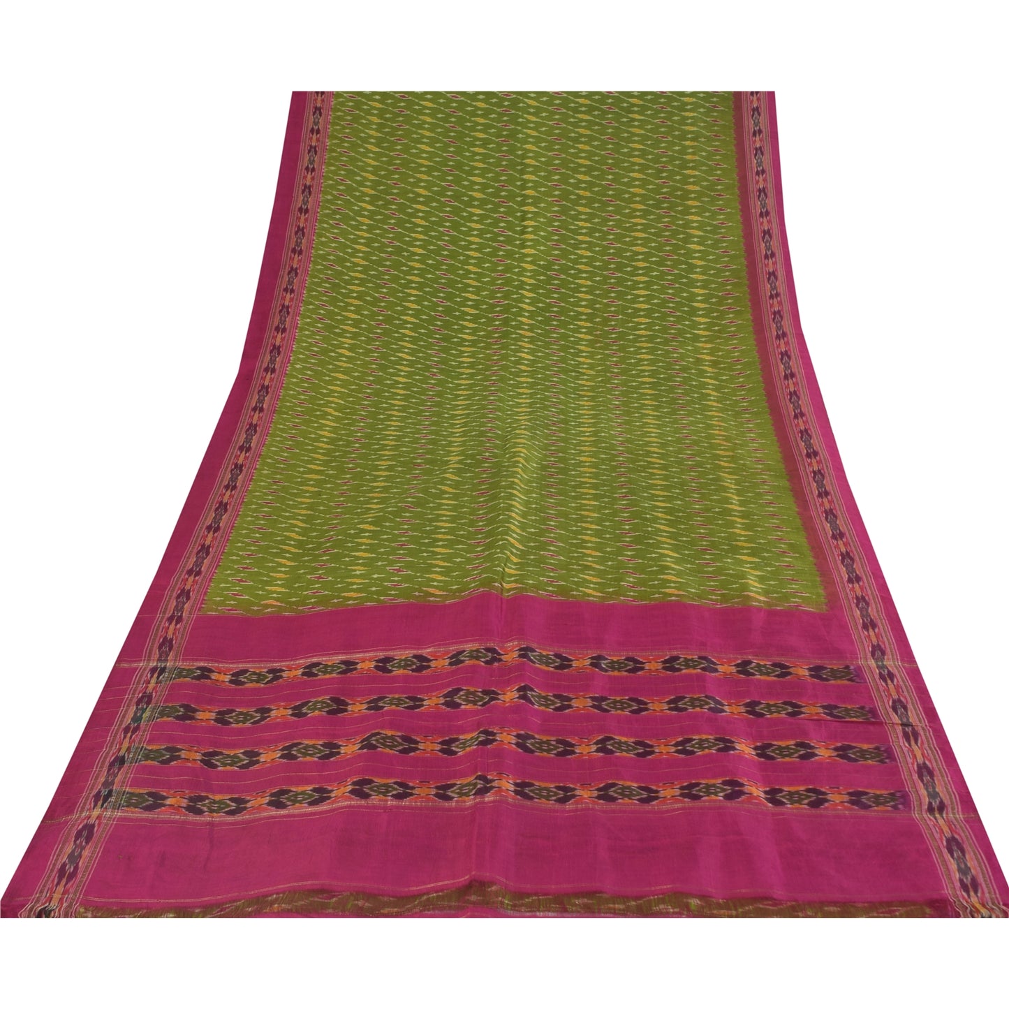 Sanskriti Vintage Sarees Green Ikat Handwoven Pochampally Pure Silk Sari Fabric