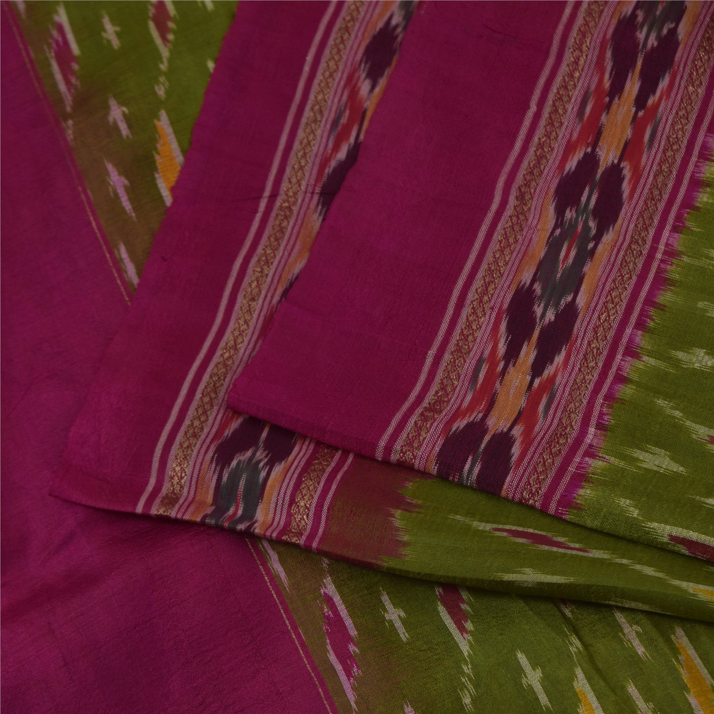 Sanskriti Vintage Sarees Green Ikat Handwoven Pochampally Pure Silk Sari Fabric