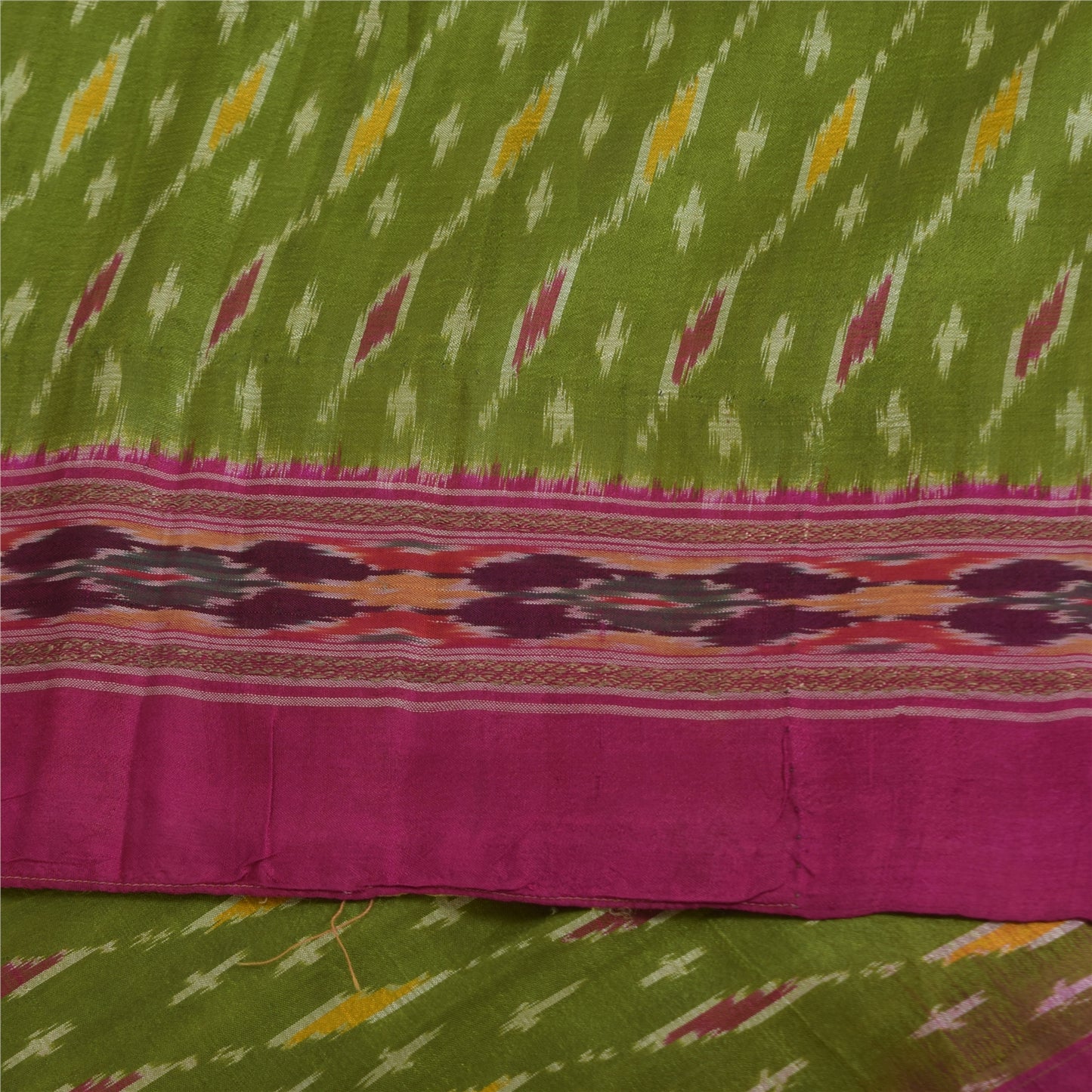 Sanskriti Vintage Sarees Green Ikat Handwoven Pochampally Pure Silk Sari Fabric