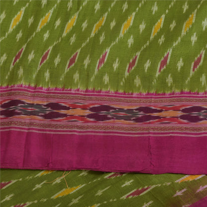 Sanskriti Vintage Sarees Green Ikat Handwoven Pochampally Pure Silk Sari Fabric