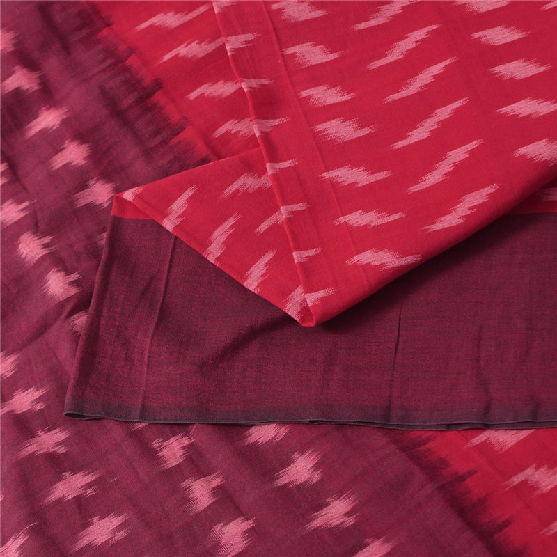 Sanskriti Vintage Saree Red & Purple Ikat Handwoven Sambhalpuri 100% Pure Cotton 5+Yard Fabric For Crafting, Upcycling, or Even Wearing