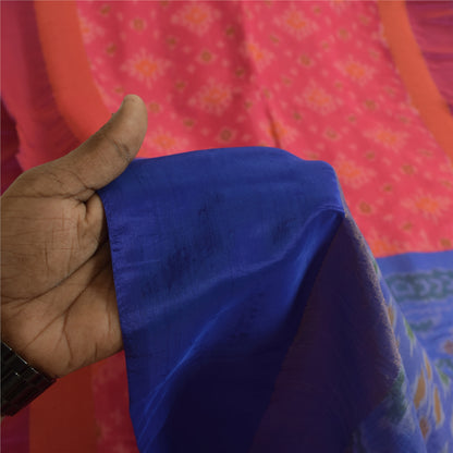 Sanskriti Vintage Sarees Pink Ikat Handwoven Sambhalpuri Pure Silk Sari Fabric