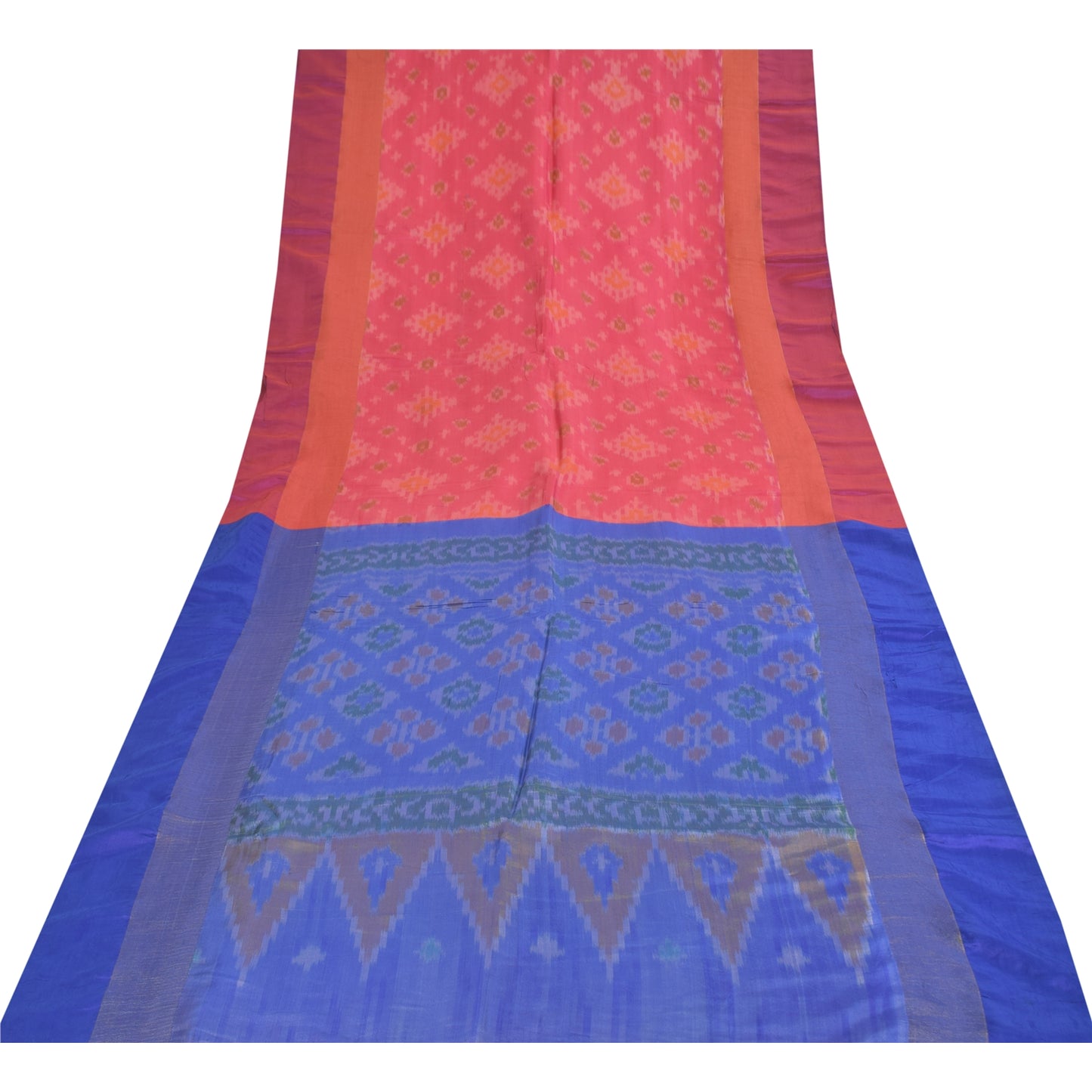 Sanskriti Vintage Sarees Pink Ikat Handwoven Sambhalpuri Pure Silk Sari Fabric