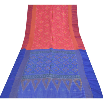 Sanskriti Vintage Sarees Pink Ikat Handwoven Sambhalpuri Pure Silk Sari Fabric