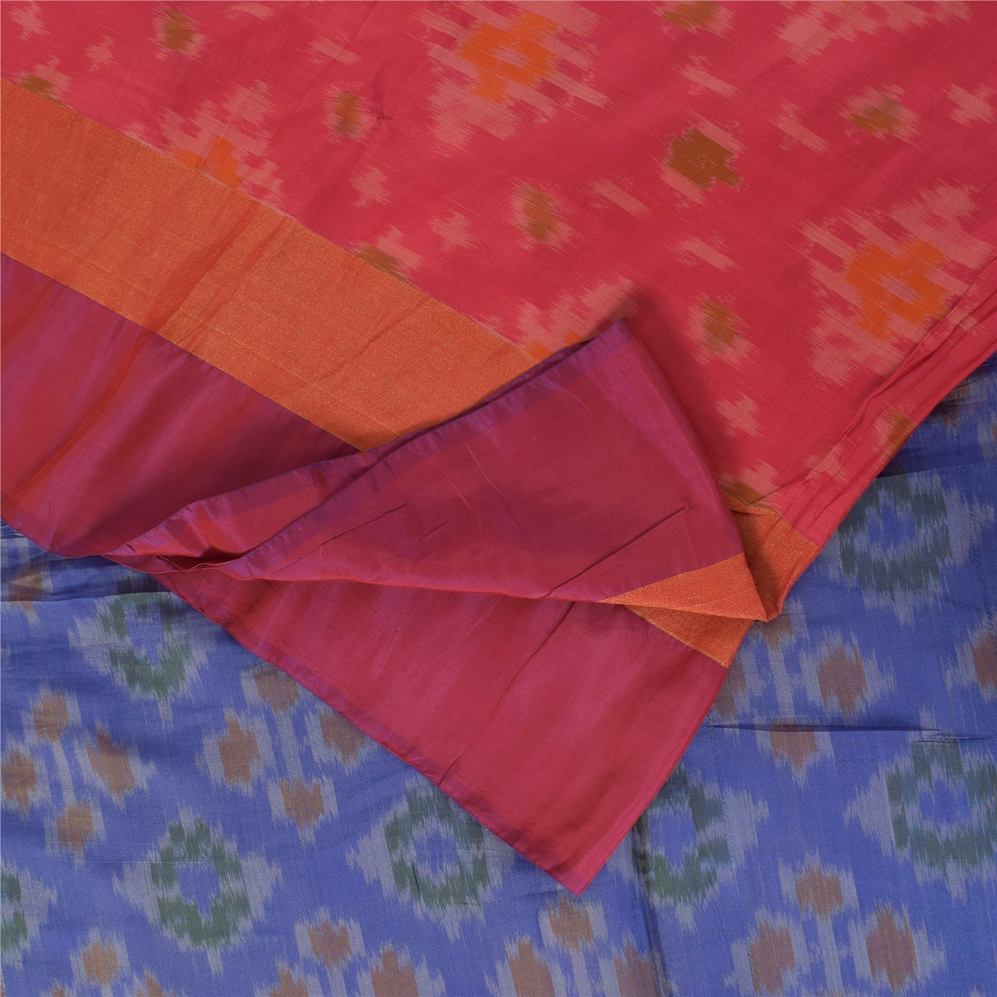 Sanskriti Vintage Sarees Pink Ikat Handwoven Sambhalpuri Pure Silk Sari Fabric
