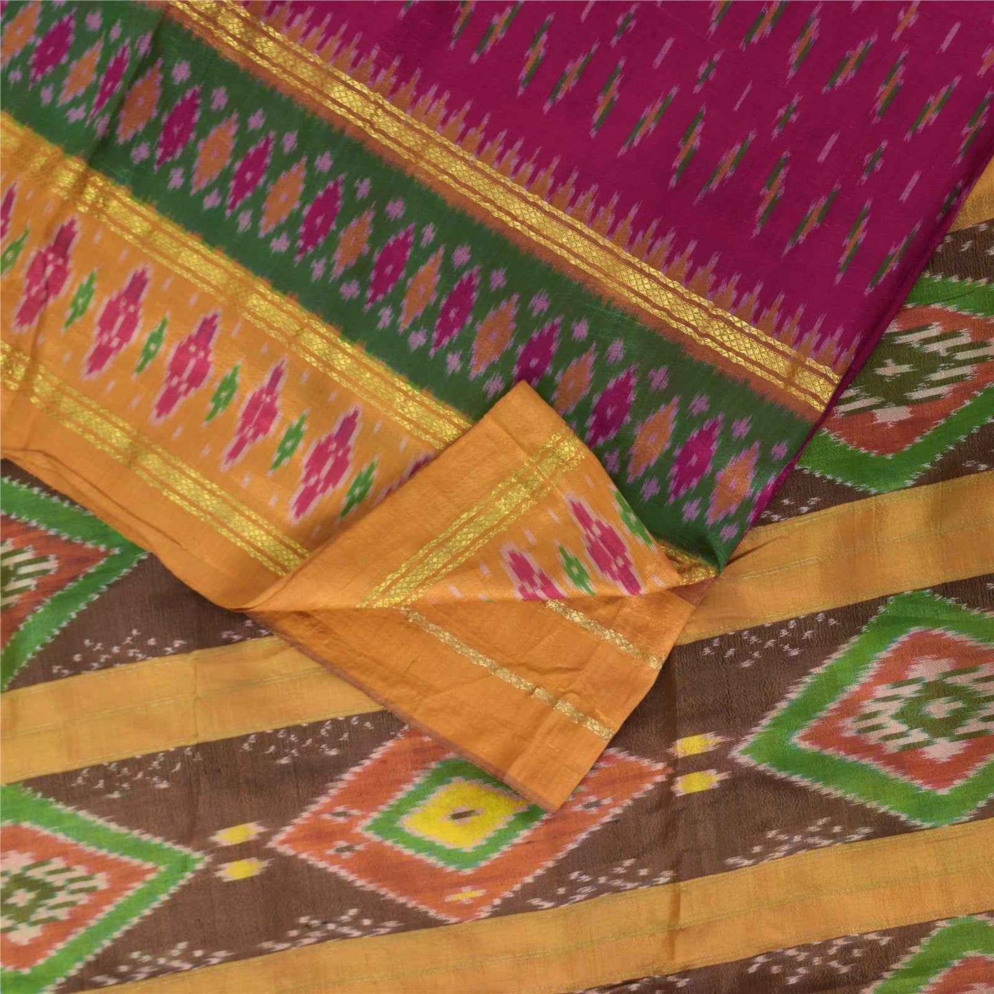 Sanskriti Vintage Sarees Pink Ikat Handwoven Pochampally Pure Silk Sari Fabric