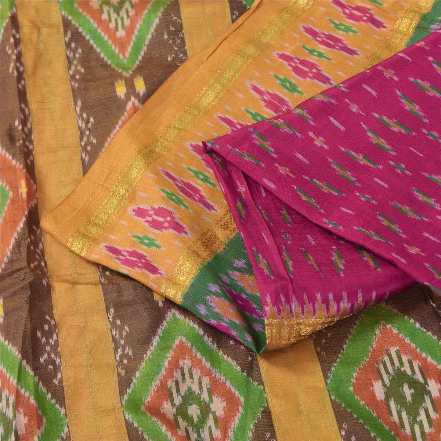 Sanskriti Vintage Sarees Pink Ikat Handwoven Pochampally Pure Silk Sari Fabric