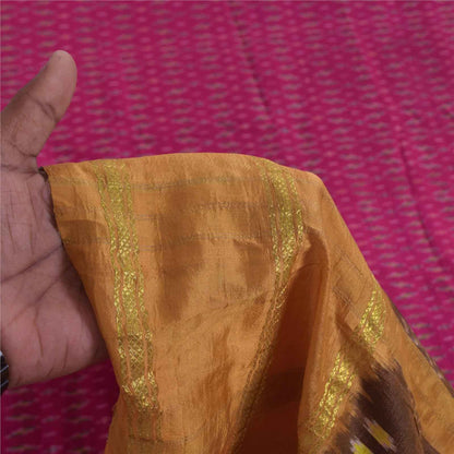 Sanskriti Vintage Sarees Pink Ikat Handwoven Pochampally Pure Silk Sari Fabric