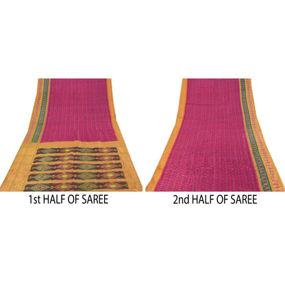Sanskriti Vintage Sarees Pink Ikat Handwoven Pochampally Pure Silk Sari Fabric