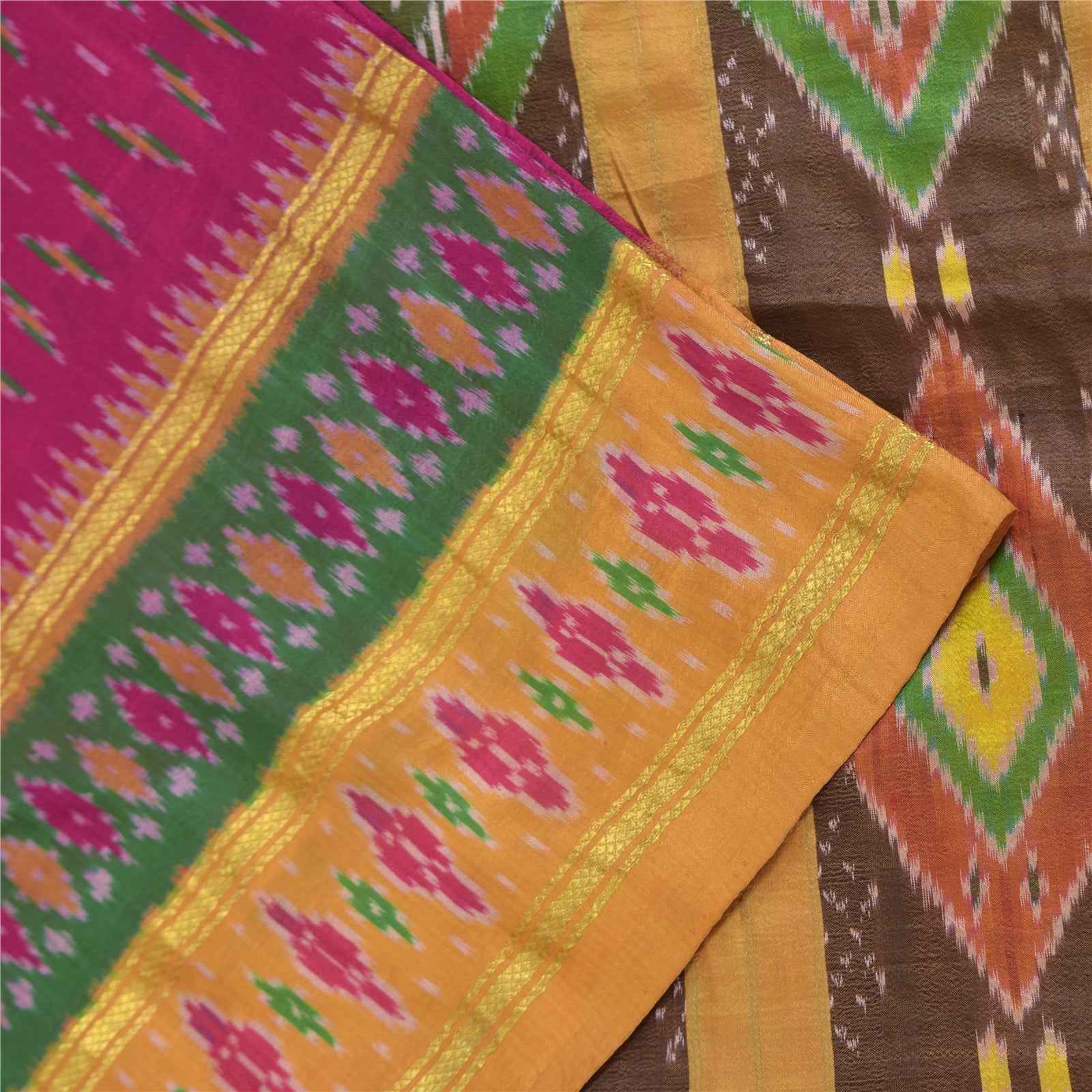 Sanskriti Vintage Sarees Pink Ikat Handwoven Pochampally Pure Silk Sari Fabric