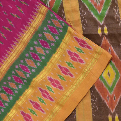 Sanskriti Vintage Sarees Pink Ikat Handwoven Pochampally Pure Silk Sari Fabric